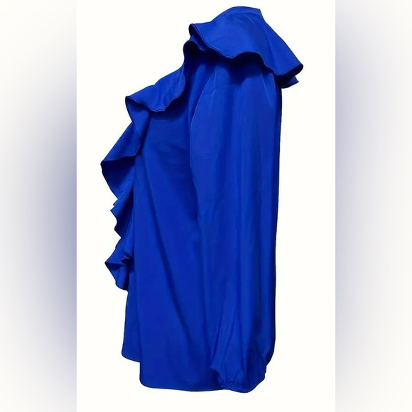 Women's Blue Ruffle Blouse - Picture 3 of 4